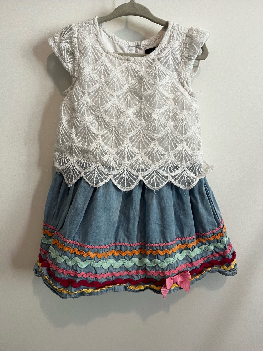 Cynthia Rowley White Lace Top Denim-Look Skirt Dress with Rainbow Rickrack